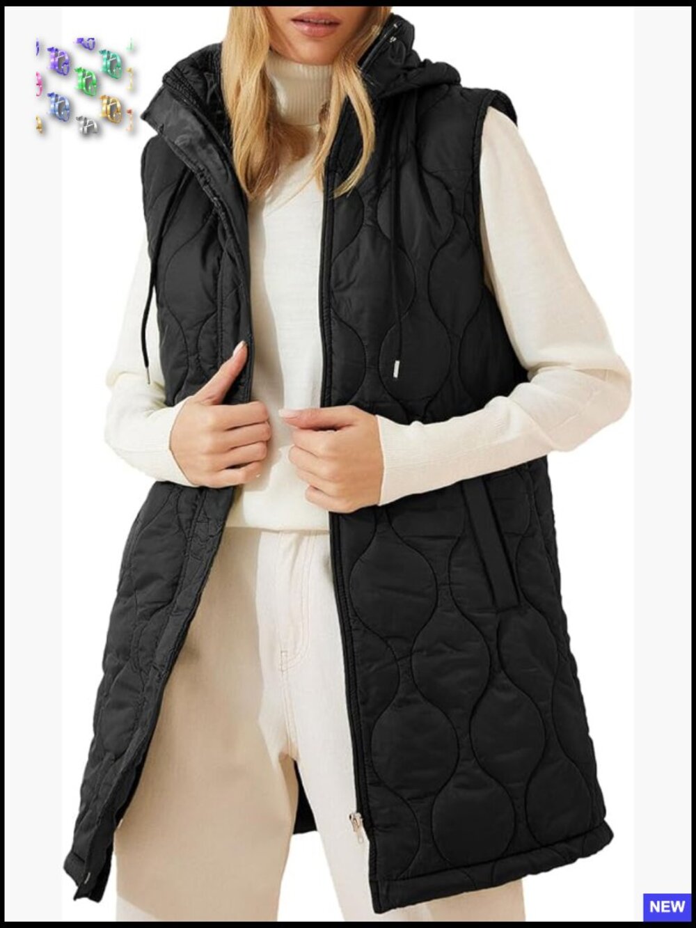 Long Hooded Puffer Vest Sleeveless Lightweight Quilted Jacket Winter Outerwear